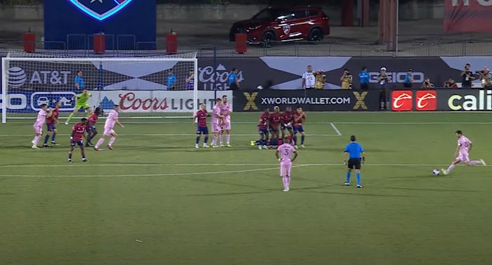 Lionel Messi pictured (right) hitting an 85th-minute free-kick to score for Inter Miami in a 4-4 draw away at FC Dallas in August 2023